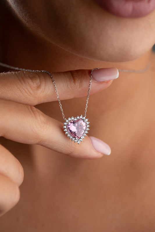 925 Ayar Gümüş Pembe Taşlı Kalp Montür Kolye