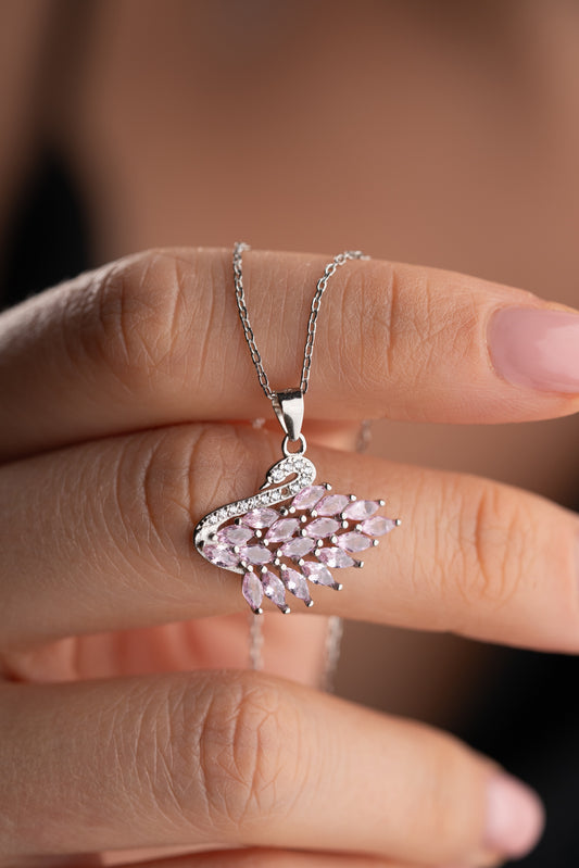 925 Ayar Gümüş Pembe Taşlı Kuğu Kolye