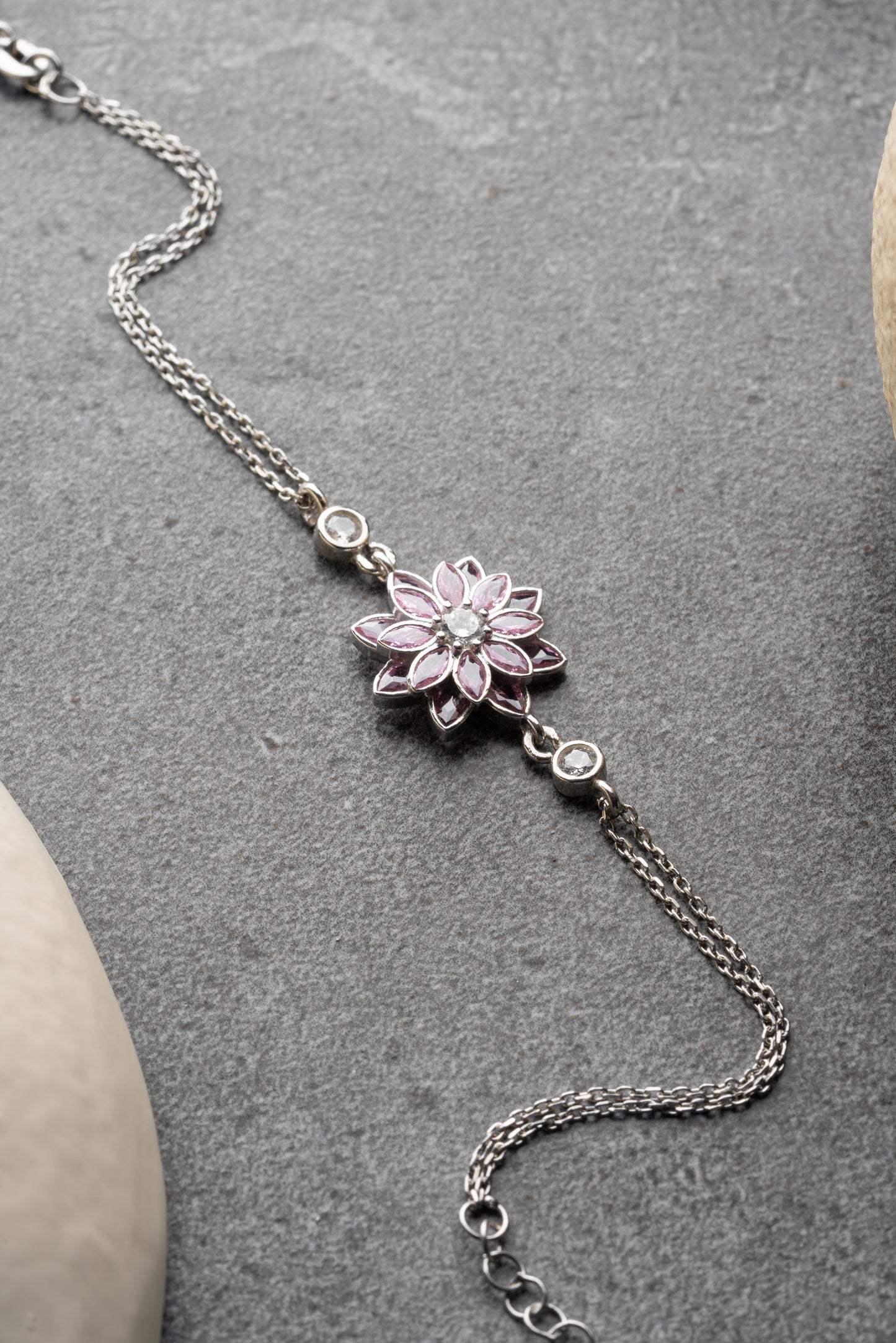 925 Ayar Gümüş Pembe Taşlı Lotus Çiçeği Bileklik