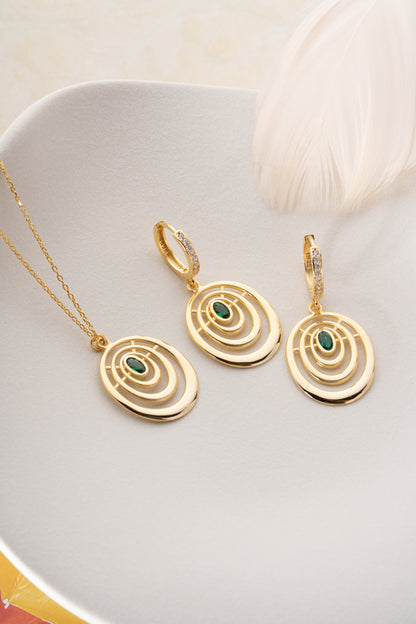 925 Ayar Gümüş Zümrüt Taşlı Sıralı Oval Set