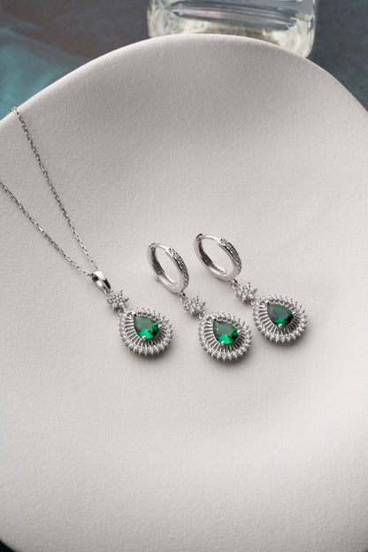 925 Ayar Gümüş Zümrüt Taşlı Damla Kolye Küpe Set