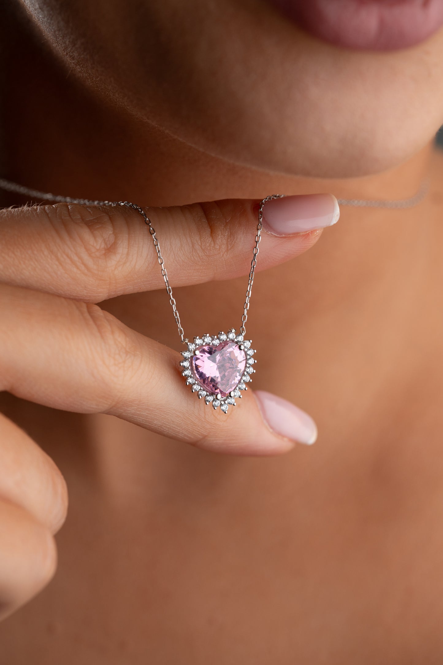 925 Ayar Gümüş Pembe Taşlı  Kalp Montür Kolye