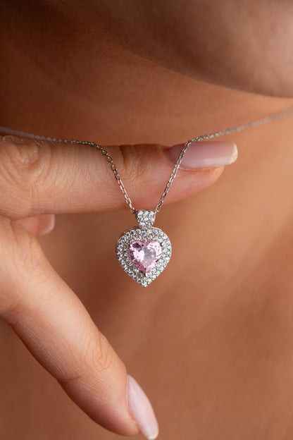 925 Ayar Gümüş Pembe Zirkon Taşlı Kalp Montür Kolye