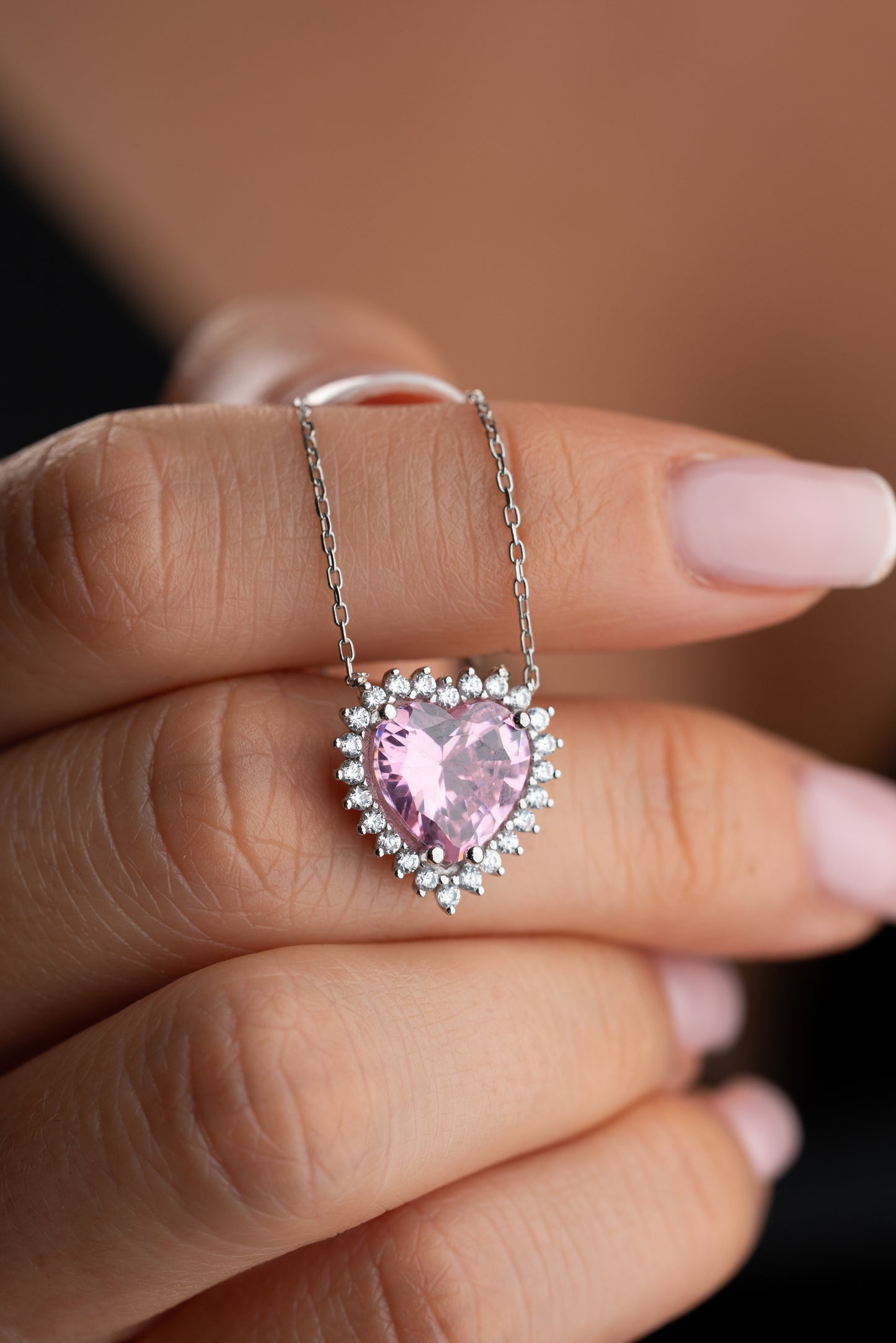 925 Ayar Gümüş Pembe Taşlı  Kalp Montür Kolye