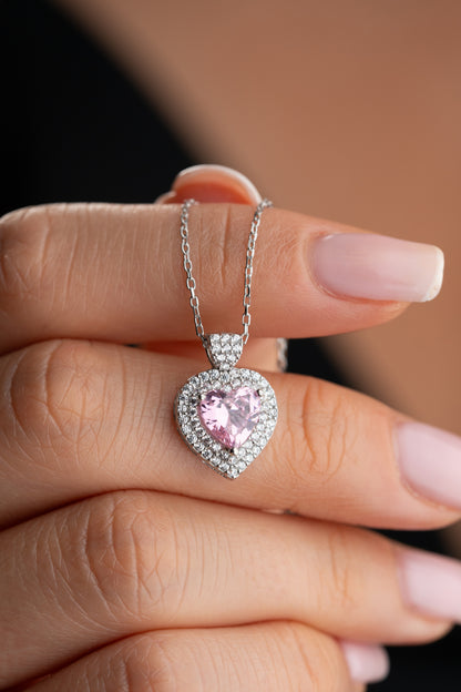925 Ayar Gümüş Pembe Zirkon Taşlı Kalp Montür Kolye
