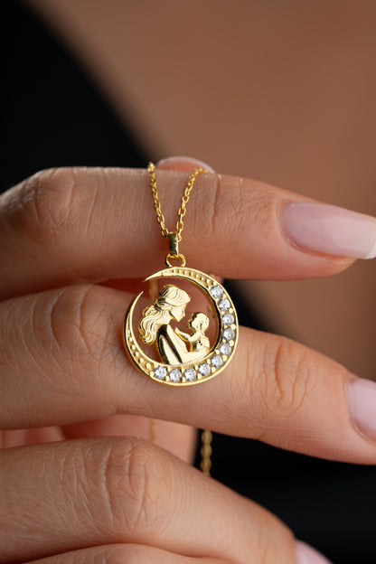 925 Ayar Gümüş Ay Tasarım Zirkon Taşlı Anne Bebek Kolye