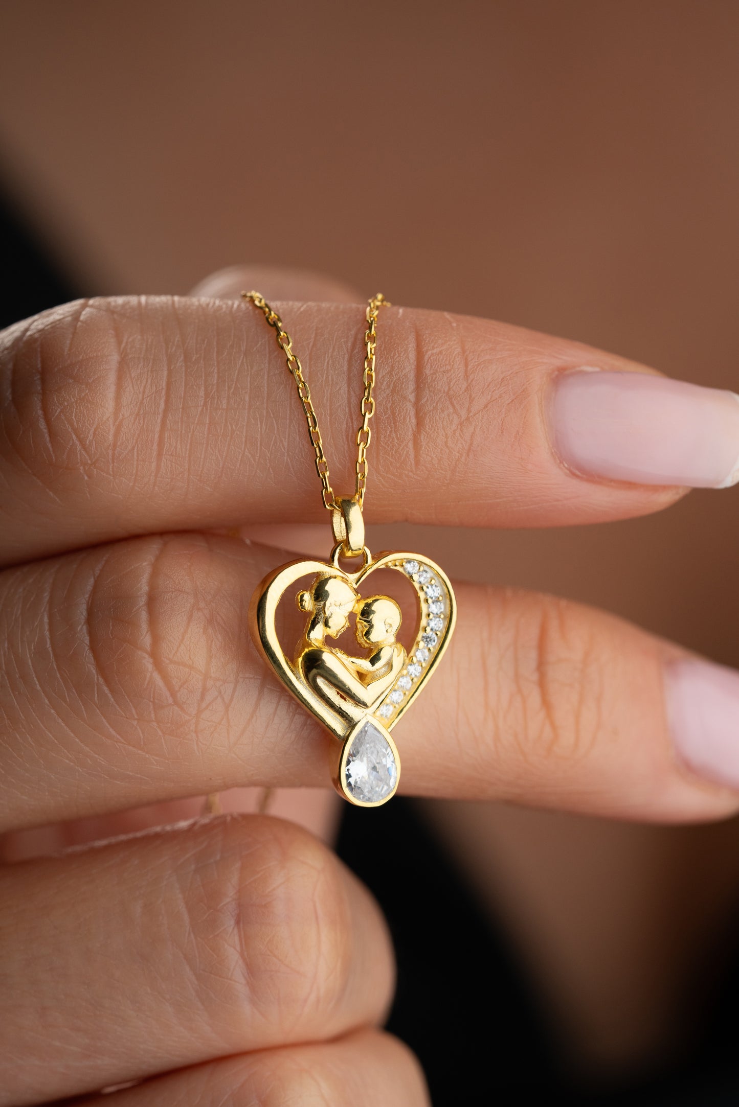 925 Ayar Gümüş Kalp Tasarım Damla Taşlı Anne Bebek Kolye