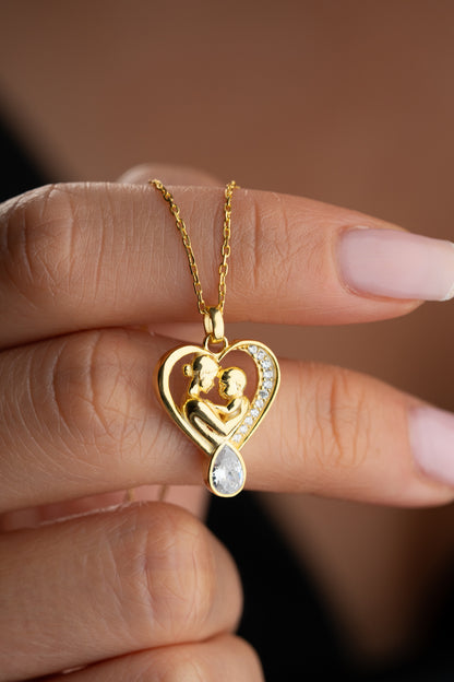 925 Ayar Gümüş Kalp Tasarım Damla Taşlı Anne Bebek Kolye