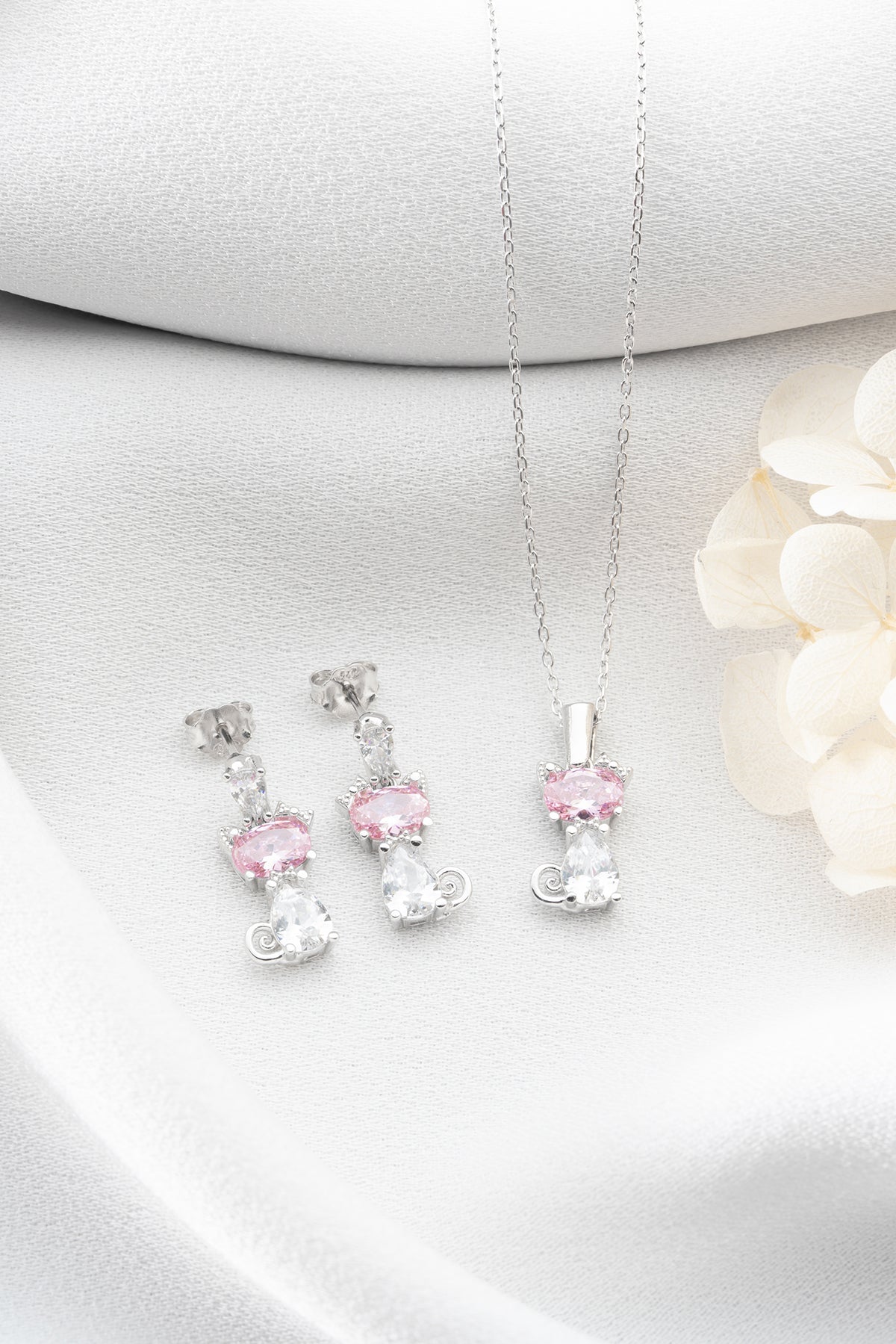925 Ayar Gümüş Pembe Taşlı Kedi Tasarım Kolye Küpe Takı Seti