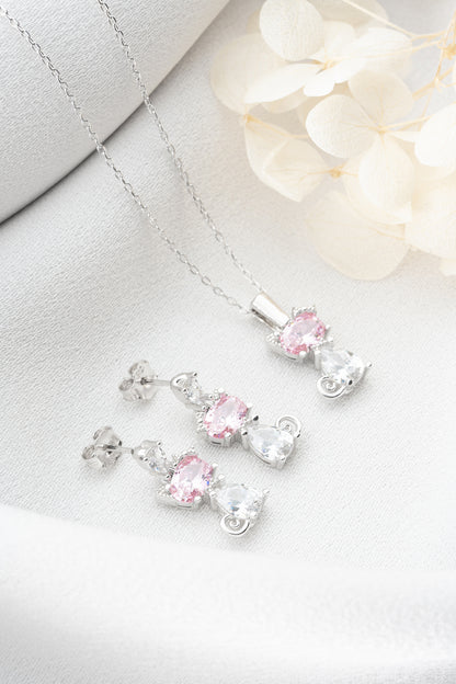 925 Ayar Gümüş Pembe Taşlı Kedi Tasarım Kolye Küpe Takı Seti