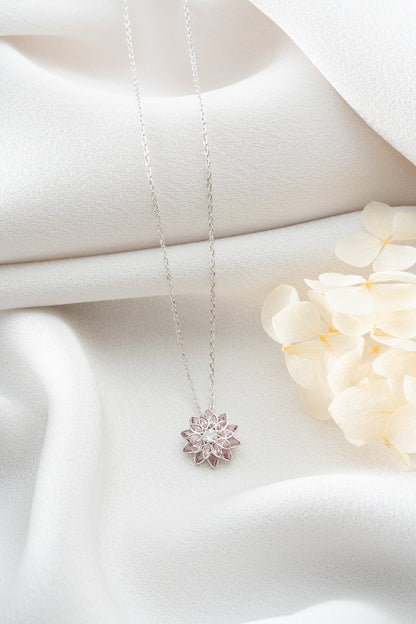 925 Ayar Gümü Pembe Taşlı Lotus Kolye