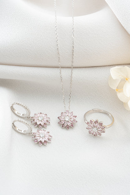 925 Ayar Gümüş Pembe Taşlı Lotus Çiçeği Kolye Küpe  Yüzük  Takı Seti