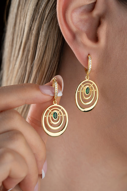 925 Ayar Gümüş Zümrüt Taşlı Sıralı Oval Küpe