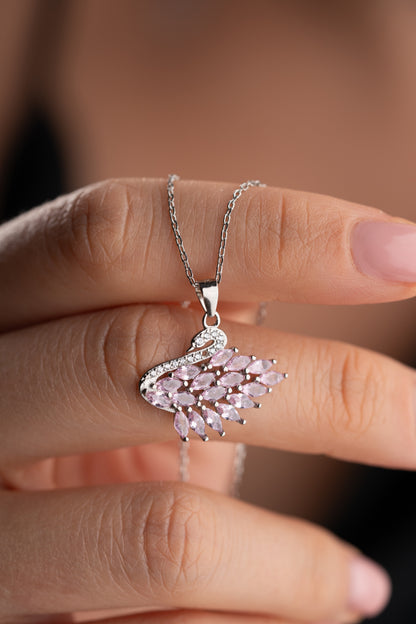 925 Ayar Gümüş Pembe Taşlı Kuğu Kolye