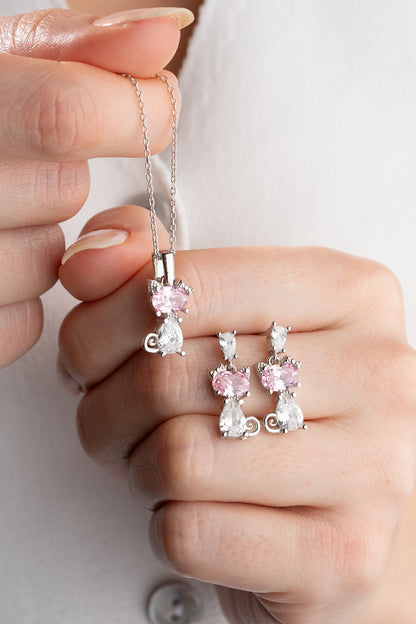 925 Ayar Gümüş Pembe Taşlı Kedi Tasarım Kolye Küpe Takı Seti