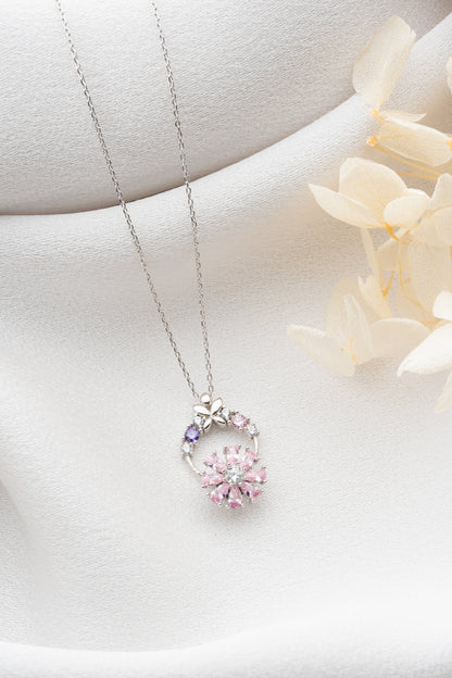 925 Ayar Gümüş Pembe  Zirkon Damla Taşlı Kelebek Detaylı Kolye