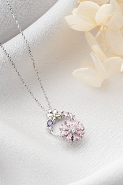 925 Ayar Gümüş Pembe  Zirkon Damla Taşlı Kelebek Detaylı Kolye