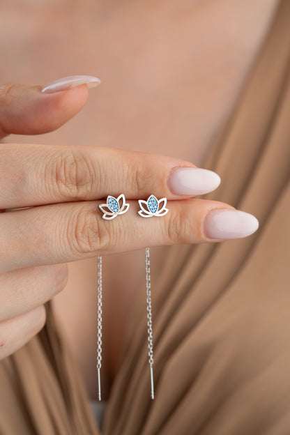 925 Ayar Gümüş Çivili Firuze Taşlı Lotus Çiçeği Sallantı Küpe