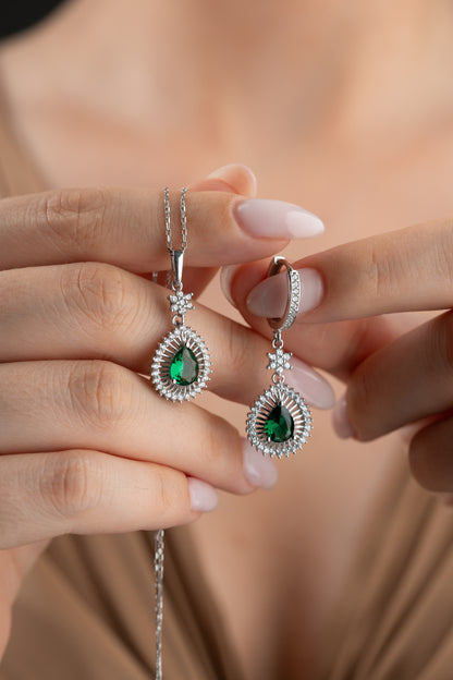925 Ayar Gümüş Zümrüt Taşlı Damla Kolye Küpe Set