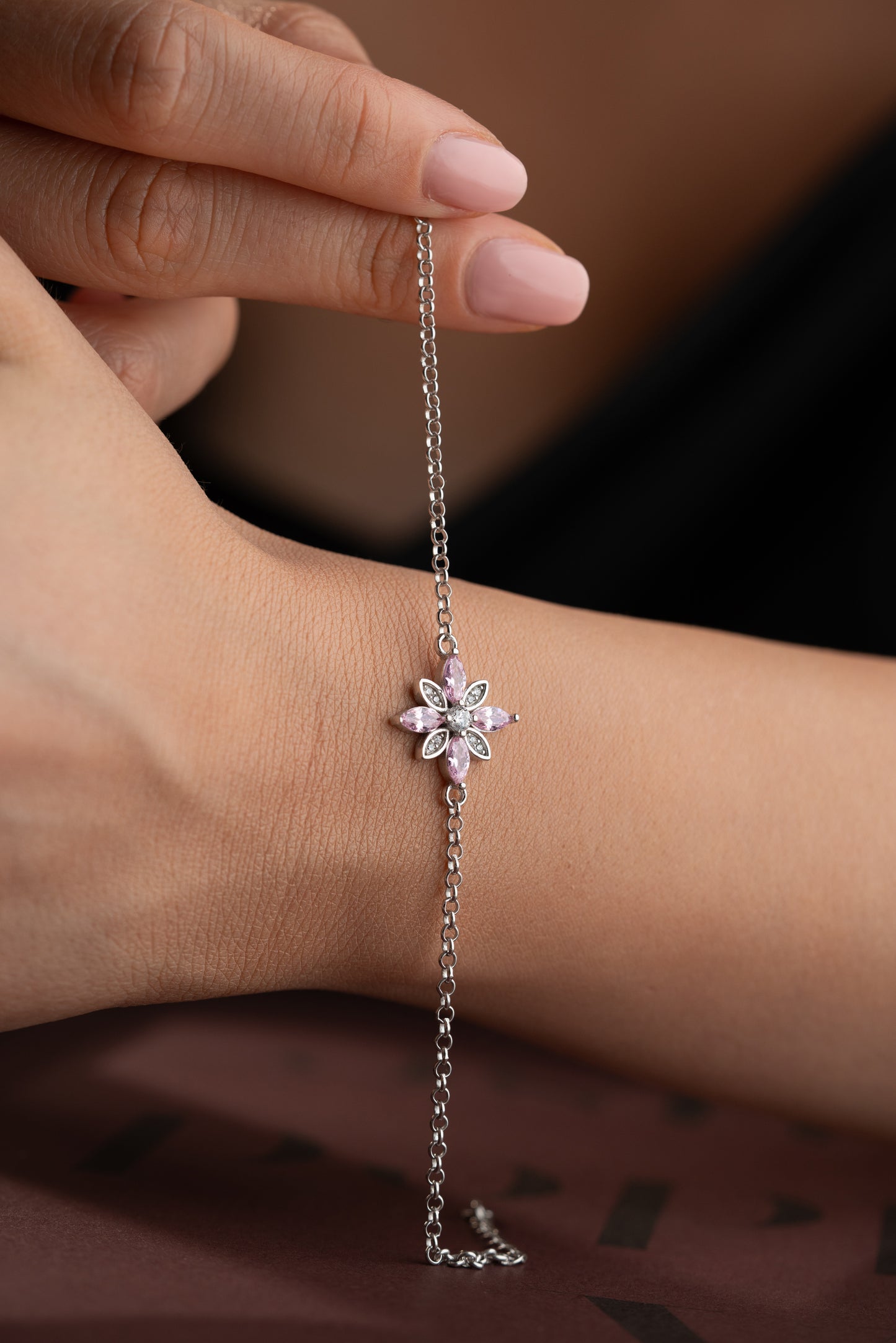 925 Ayar Gümüş Pembe Taşlı Çiçek Bileklik