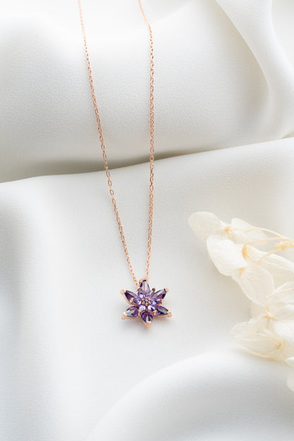 925 Ayar Gümüş Mor Taşlı Lotus Çiçeği Kolye