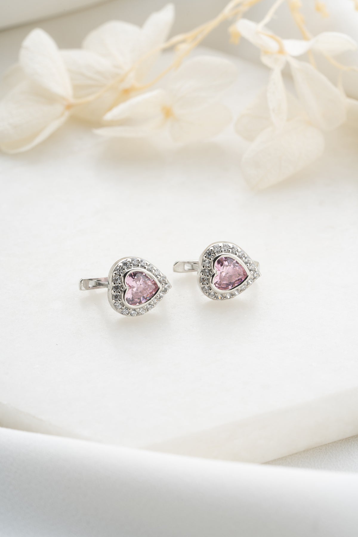 925 Ayar Gümüş Pembe Zirkon Taşlı Kalp Küpe