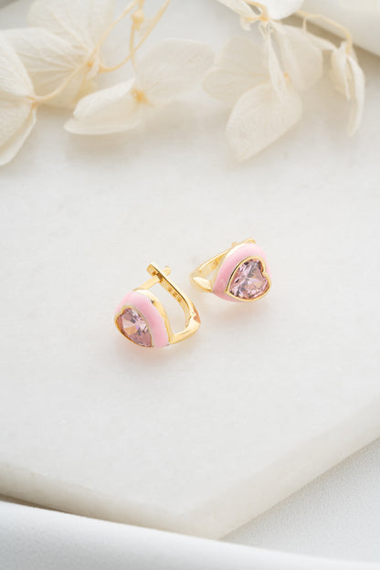 925 Ayar Gümüş Pembe Mineli Kalp Küpe