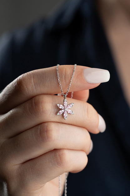 925 Ayar Gümüş Pembe Taşlı Lotus Çiçeği Kolye