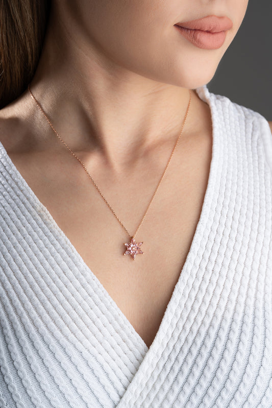 925 Ayar Gümüş Pembe Taşlı Lotus Çiçeği Kolye
