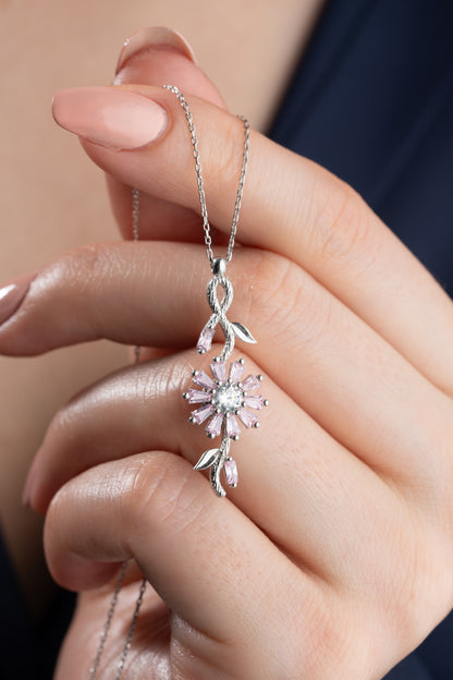 925 Ayar Gümüş Pembe Zirkon Taşlı Çiçek Kolye