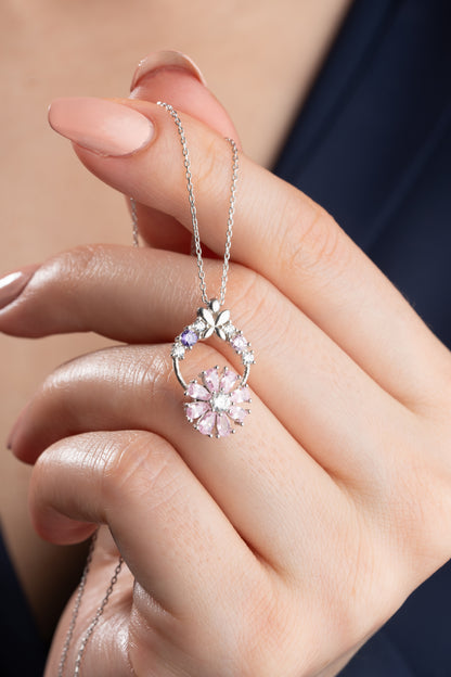 925 Ayar Gümüş Pembe  Zirkon Damla Taşlı Kelebek Detaylı Kolye