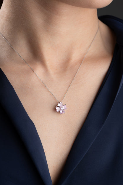 924 Ayar Gümüş Pembe Zirkon Kalp Taşlı Yonca Kolye