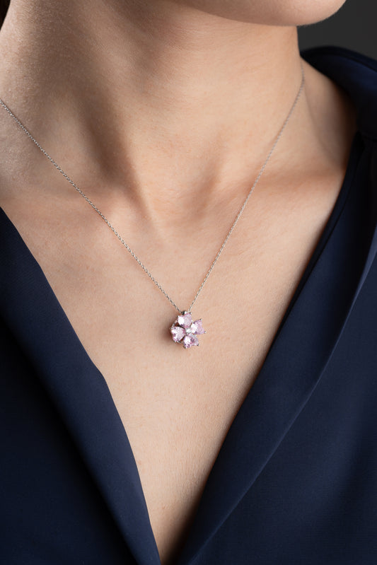 924 Ayar Gümüş Pembe Zirkon Kalp Taşlı Yonca Kolye