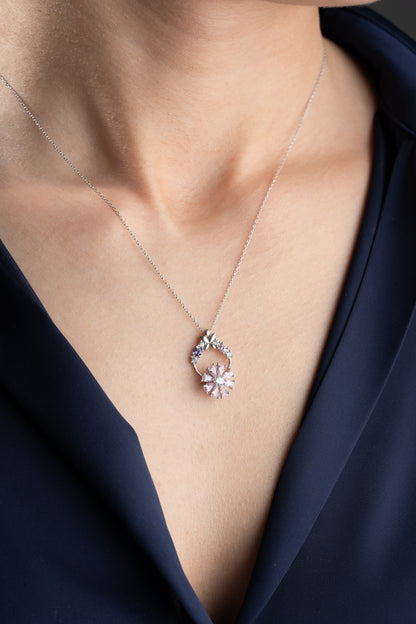 925 Ayar Gümüş Pembe  Zirkon Damla Taşlı Kelebek Detaylı Kolye