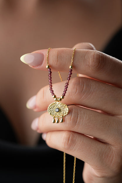 925 Ayar Gümüş Ruby Taşlı Zirkon Taşlı Plaka Kolye