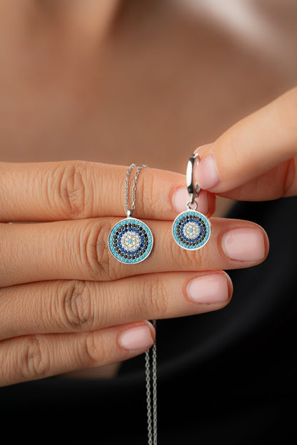 925 Ayar Gümüş Zirkon Taşlı Nazar Kolye Küpe Takı Seti
