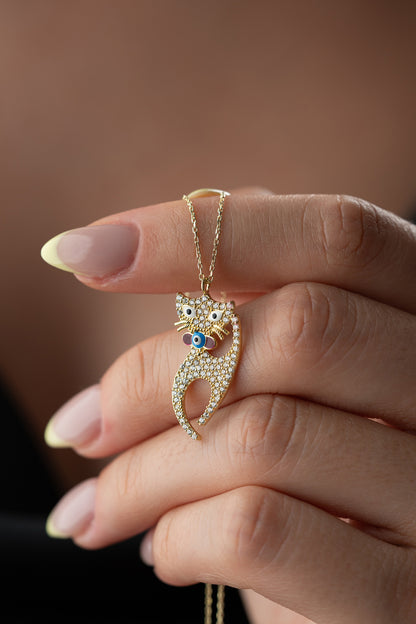 925 Ayar Gümüş Göz Nazarlı Kedi Kolye