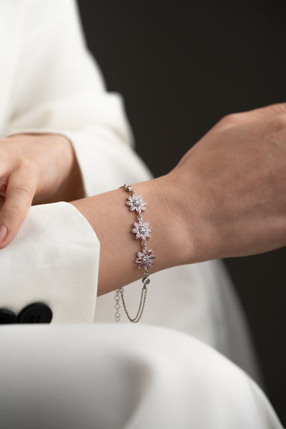 925 Ayar Gümüş Pembe Zirkon Taşlı 3 lü Çiçek Bileklik