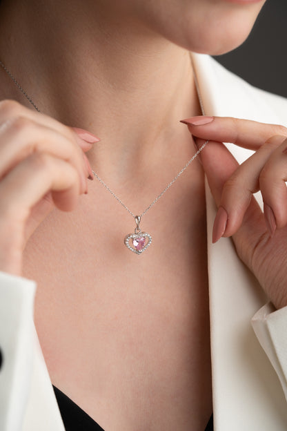 925 Ayar Gümüş Pembe Zirkon Taşlı Kalp Kolye