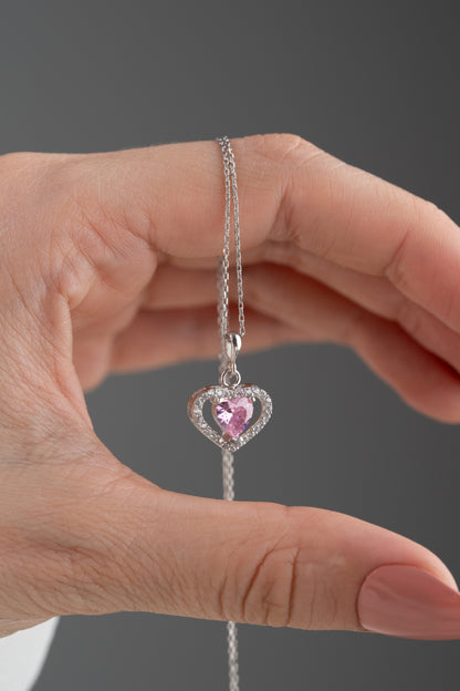 925 Ayar Gümüş Pembe Zirkon Taşlı Kalp Kolye