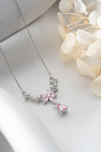 925 Ayar Gümüş Pembe Zirkon Taşlı Kalp Sallantılı Kolye