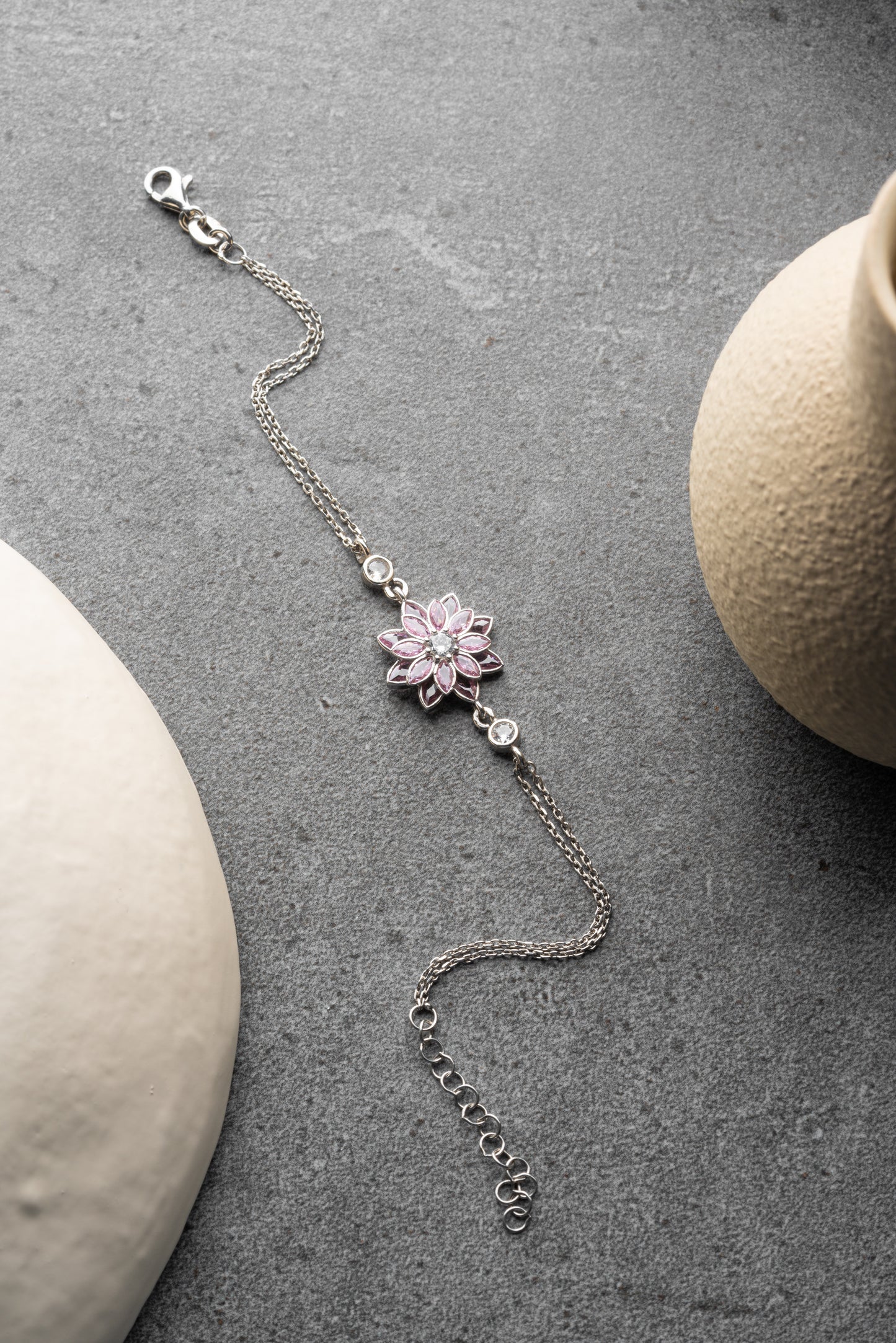 925 Ayar Gümüş Pembe Taşlı Lotus Çiçeği Bileklik