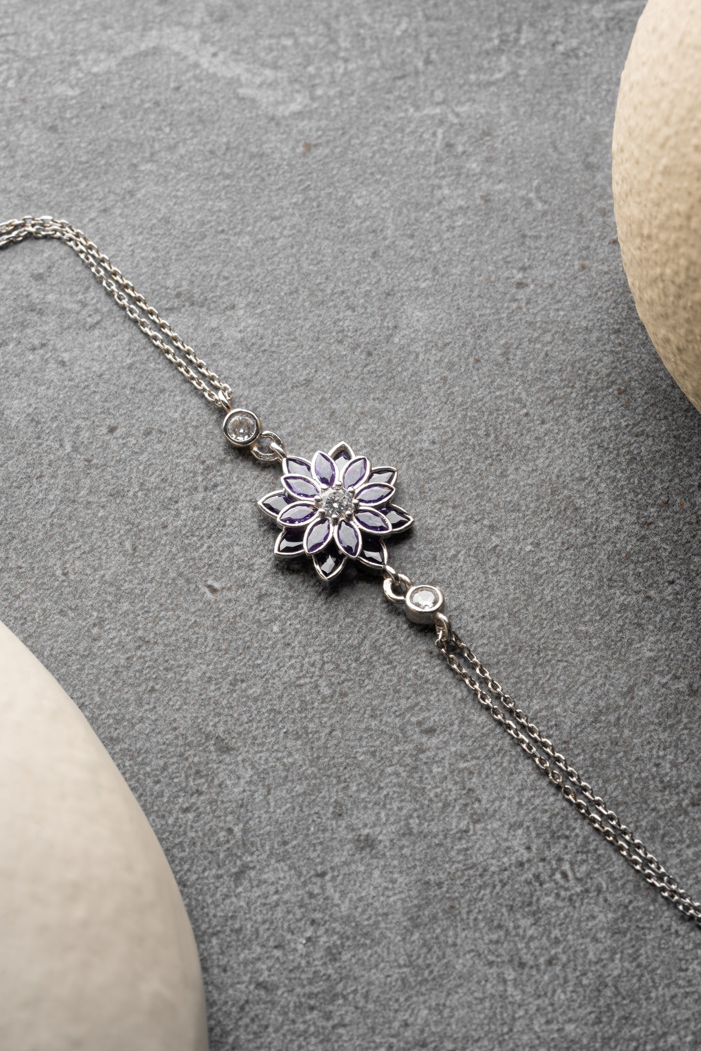 925 Ayar Gümüş Amatist Taşlı Mor Lotus Çiçeği Bileklik
