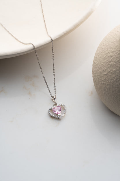 925 Ayar Gümüş Pembe Zirkon Taşlı Kalp Kolye
