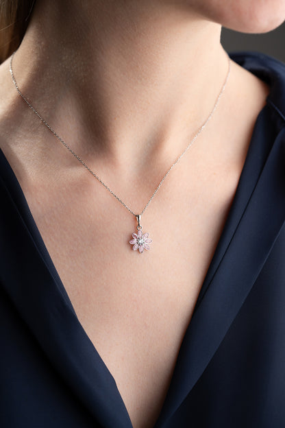 925 Ayar Gümüş Pembe Zirkon Taşlı Çiçek Kolye