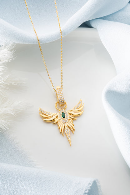 925 Ayar Gümüş Zümrüt Taşlı Zümrüdü Anka Kolye