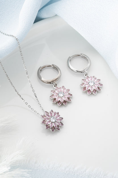 925 Ayar Gümüş Pembe Lotus Kolye Küpe Set