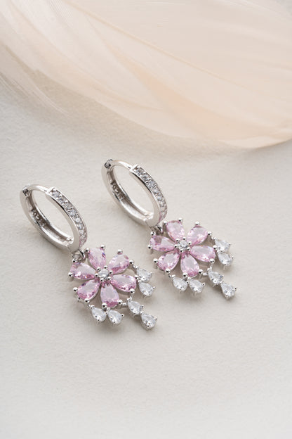 925 Ayar Gümüş Pembe Taşlı Damla Sallantılı Lotus Küpe