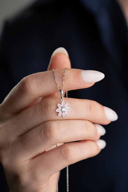 925 Ayar Gümüş Pembe Zirkon Taşlı Çiçek Kolye