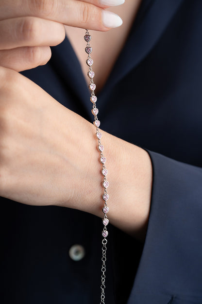 925 Ayar Gümüş Pembe Taşlı Kalpli Bileklik